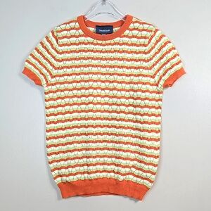 Modcloth 💯Cotton Orange/White/Green Short Sleeve Knit Sweater, Size XXS ~ EUC